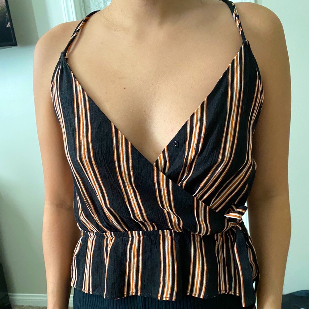 Black White & Orange Striped Peplum Tie Tank Top!